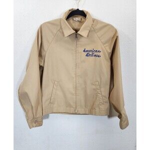 Vintage American Airlines Jacket Small S Tan Zip Work Uniform Ground Crew Script